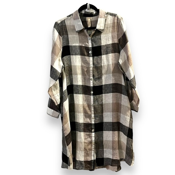 Match Point Shirt Dress 100% Linen Big Plaid Roll Tab Sleeves Black Beige Small - Picture 1 of 8
